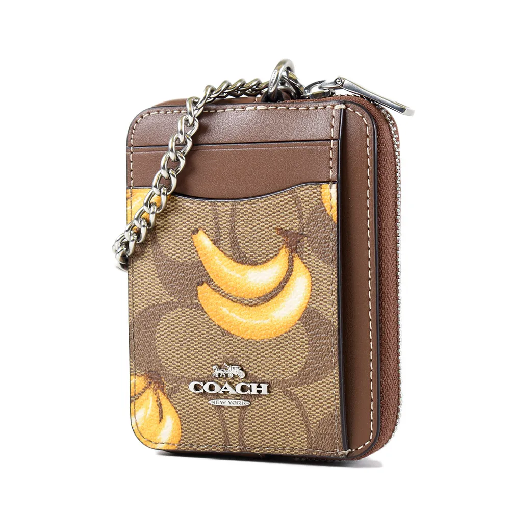【COACH】香蕉緹花LOGO防刮鍊帶證件零錢包-焦糖色