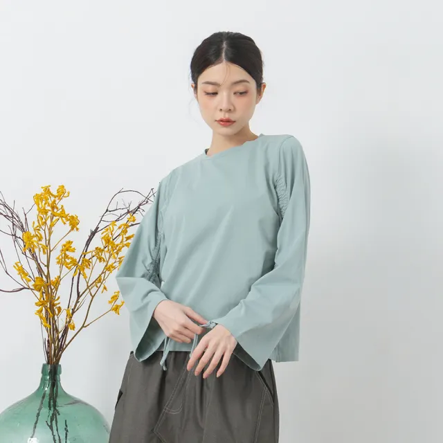 【MOSS CLUB】袖子抽繩造型長袖上衣(藍 白 綠/魅力商品)
