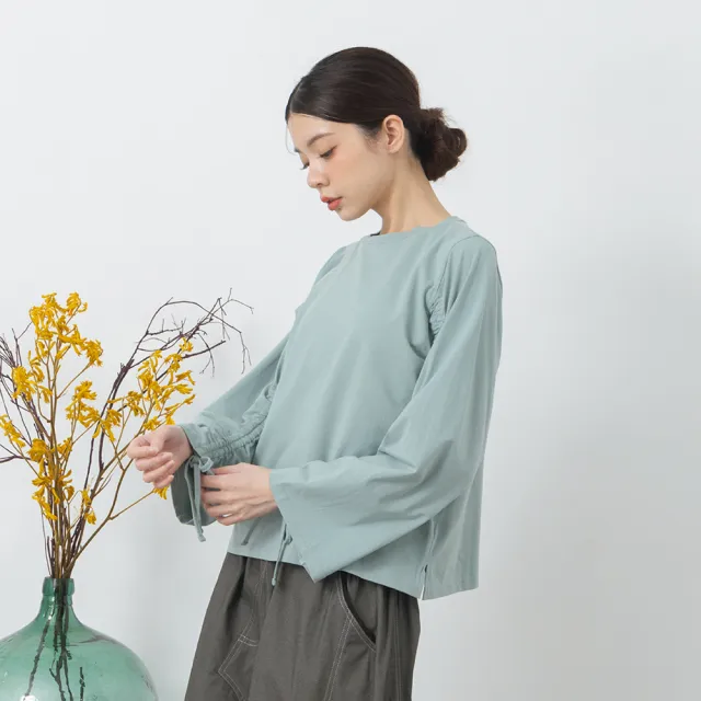 【MOSS CLUB】袖子抽繩造型長袖上衣(藍 白 綠/魅力商品)