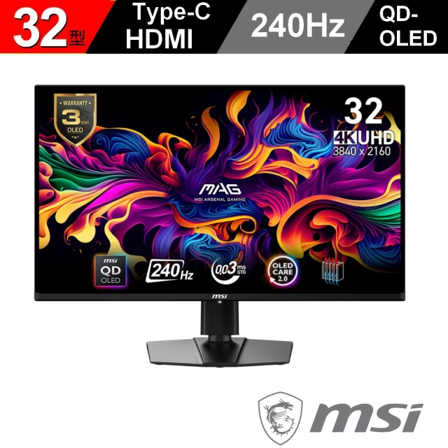 MSI 微星 MAG 321UPX QD-OLED 32型 4K 240Hz 電競螢幕(AdaptiveSync/Type-C/HDR 400)