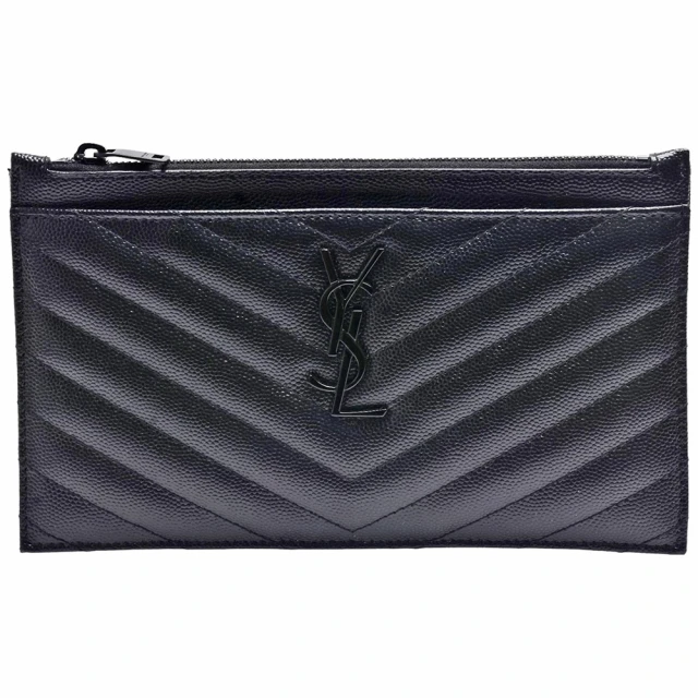 YSL MONOGRAM系列V字縫線小牛皮同色金屬LOGO拉鍊手拿包/長夾(黑色636312-BOW08-1000)