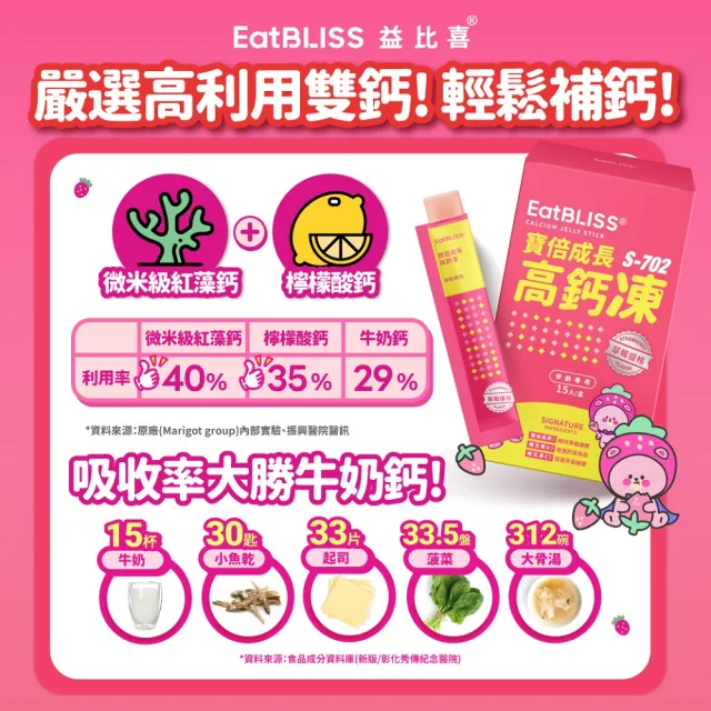 【Eatbliss 益比喜】買1送1 寶倍成長高鈣凍-草莓優格口味((15入 維生素D.C.K.檸檬酸鈣.紅藻鈣.精胺酸)