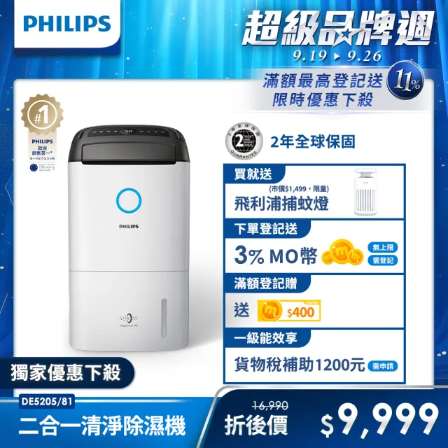 【Philips 飛利浦】13公升一級能效清淨除濕機(DE5205/81)