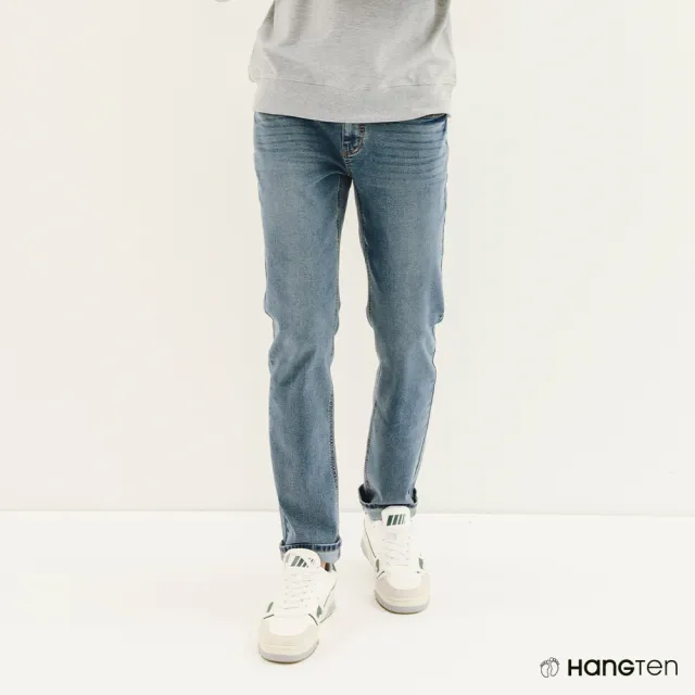 【Hang Ten】買一送一 男女裝-韓國款印花潮T涼感修身鬆緊腰頭口袋款丹寧褲(兩入組)