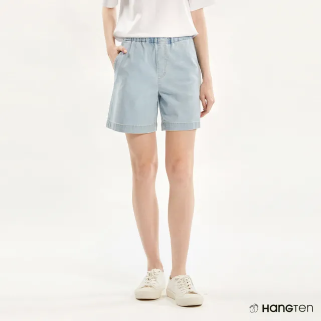 【Hang Ten】買一送一 男女裝-韓國款印花潮T涼感透氣鬆緊丹寧短褲(兩入組)