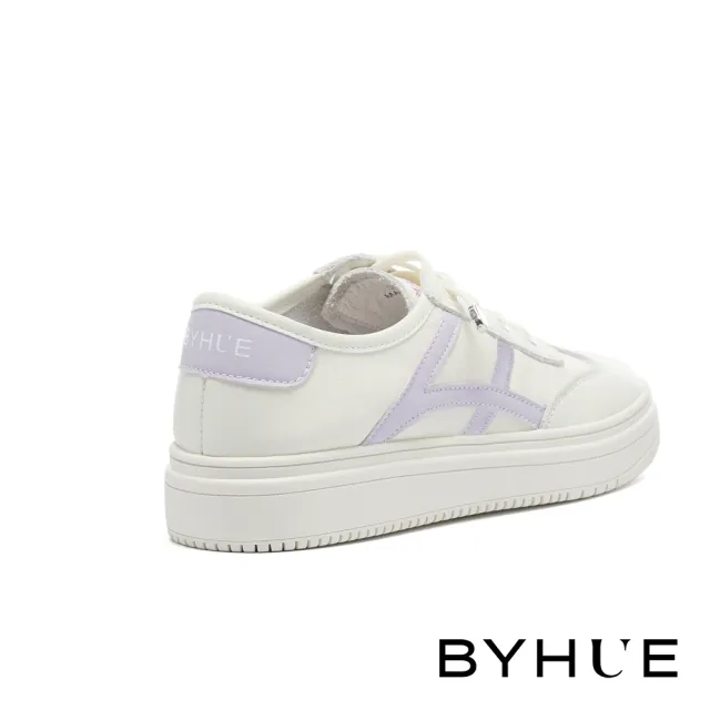 【BYHUE】韓系簡約牛皮撞色線條彈綁帶軟芯厚底休閒鞋(紫)