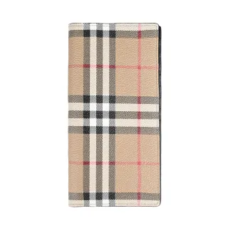 【BURBERRY 巴寶莉】BURBERRY造型數碼格紋 LOGO 設計 PVC 16卡對折長夾(經典米)