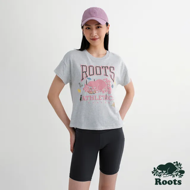 【Roots】Roots 女裝- RBA ANIMAL BOXY短袖T恤(白麻灰)