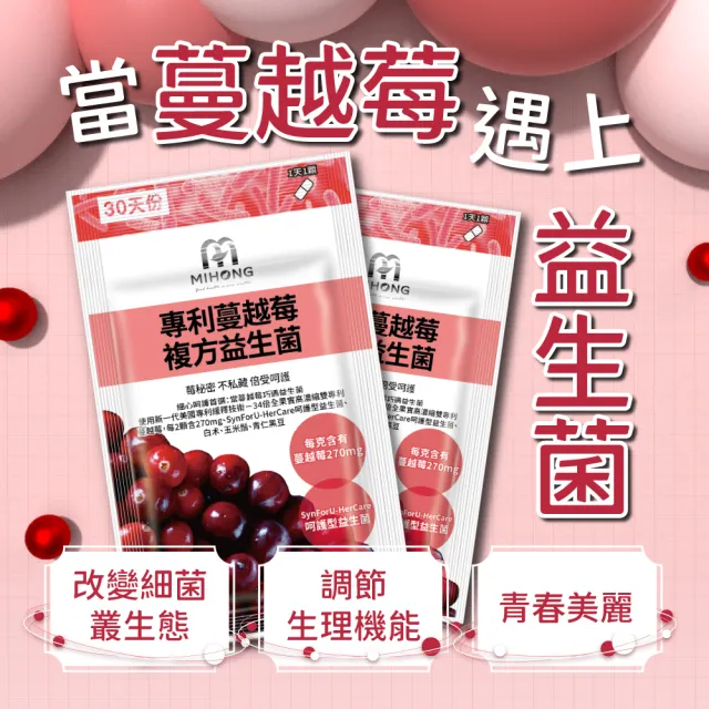 【MIHONG米鴻生醫】專利蔓越莓複方益生菌1包(30顆/包-每克含有至少180mg的總花青素)