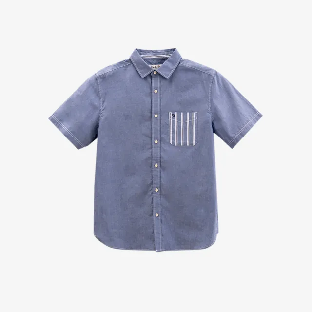【Arnold Palmer 雨傘】男裝-條紋口袋拼接短袖襯衫(藍色)