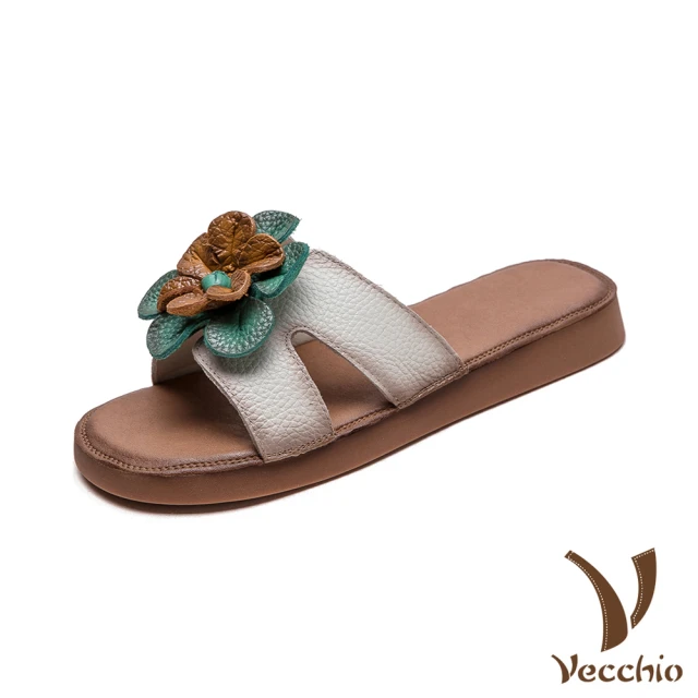 Vecchio 真皮拖鞋 平底拖鞋/真皮頭層牛皮復古立體花朵造型平底拖鞋(米)