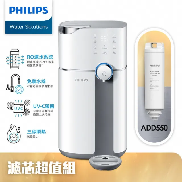 【Philips 飛利浦】智能雙效UV-C滅菌/RO過濾瞬熱淨水機(ADD6910)(主機內含濾心)+複合濾芯(ADD550)