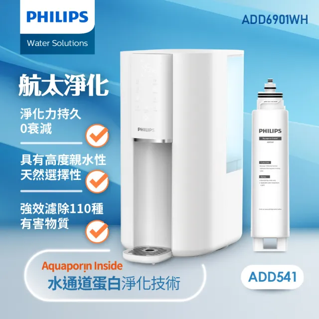 【Philips 飛利浦】新一代智能超長效RO濾芯UV-C殺菌瞬熱淨水機ADD6901WH(內含濾芯)+濾芯ADD541