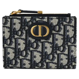 【Dior 迪奧】Dahlia 經典品牌緹花布拼接對開折扣式零錢短夾(深藍)