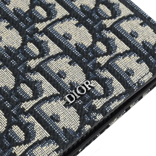 【Dior 迪奧】Oblique 經典品牌緹花布拼接雙層對折8卡短夾(深藍)