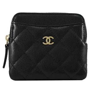 【CHANEL 香奈兒】經典雙C LOGO菱格紋小牛皮信用卡證件名片零錢包(黑)