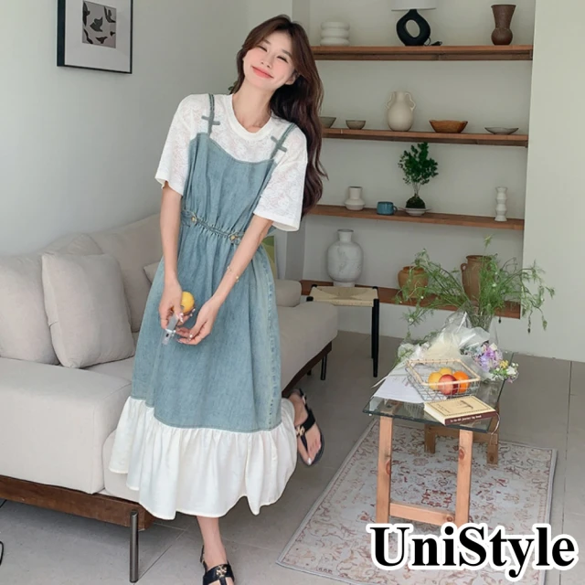 UniStyle 假兩件娃娃領長袖襯衫拼接百褶裙襬洋裝 女 