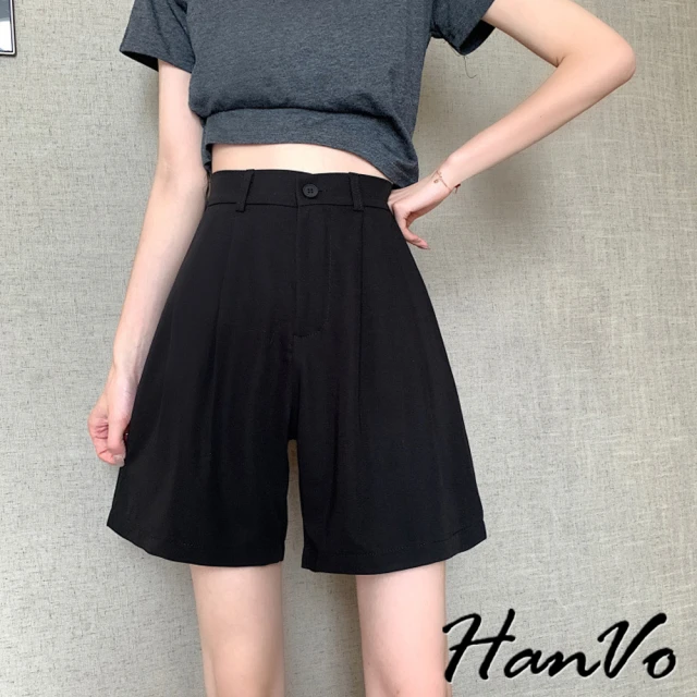 HanVo 現貨 垂感西裝寬鬆五分褲(鬆緊腰休閒寬鬆質感高腰 韓系女裝 女生衣著 2104)