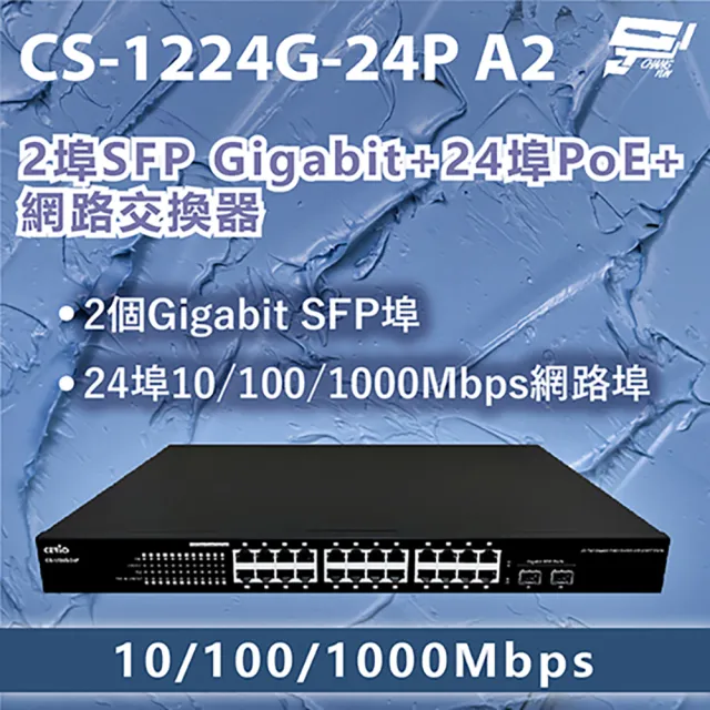 【CHANG YUN 昌運】CS-1224G-24P A2 2埠SFP Gigabit+24埠PoE+網路交換器10/100/1000Mbps