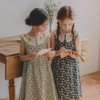 【lulabee】童裝-甜美削肩印花裙(綠/黑)