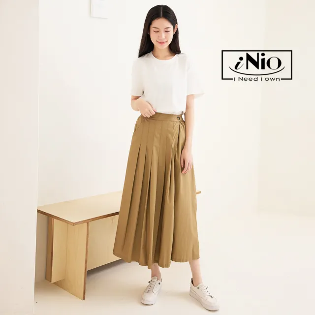 【iNio 衣著美學】寬褲裙 夏新品 現貨 假兩件 鬆緊腰 水洗棉 寬褲 百褶褲裙(CDW2093)