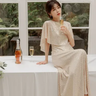 【OB 嚴選】輕奢華滿版亮片傘袖長洋裝小禮服附腰帶 《DA9681》(晚禮服)