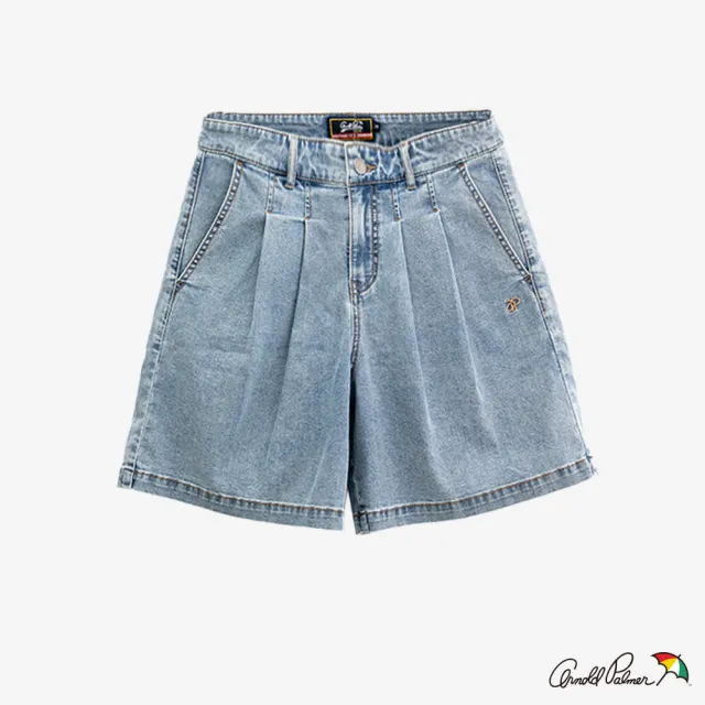 【Arnold Palmer 雨傘】女裝-雙打褶寬褲口設計牛仔短褲(淺藍色)