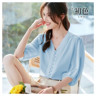 【初色】日系簡約純色薄款V領燈籠袖五分短袖寬鬆襯衫上衣女上衣-藍色-35966(M-2XL可選)