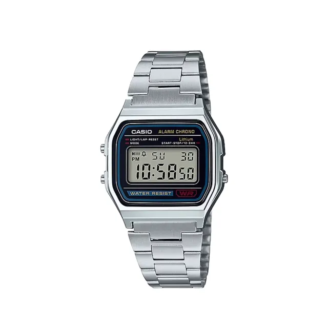 【CASIO 卡西歐】A158WA-1DF 復古 微光照明 鬧鈴碼錶 不鏽鋼 中性 方形 電子錶 腕錶 33.2mm(全自動日曆)