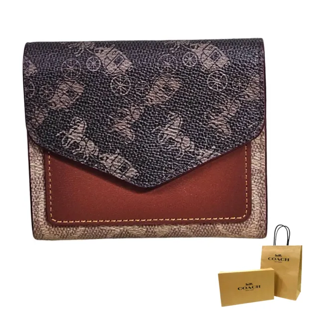 【COACH】COACH 經典滿版老花C紋X馬車LOGO WYN 拼接三折信封短夾(贈原廠紙袋紙盒七夕情人節)