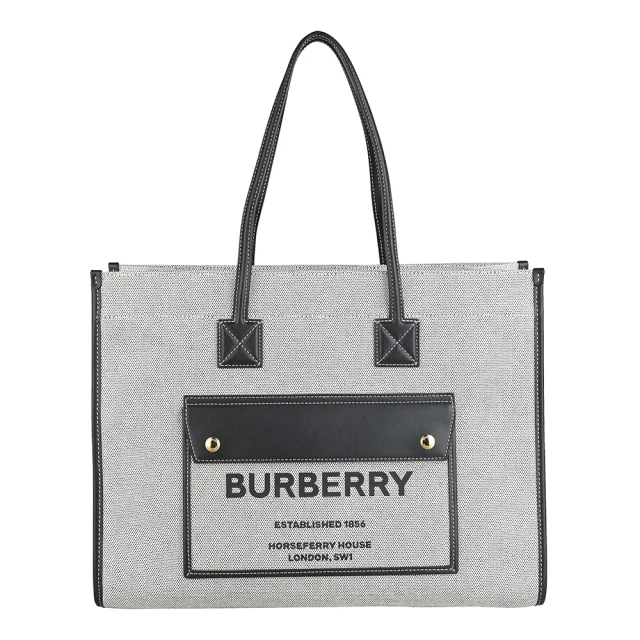 BURBERRY 巴寶莉 BURBERRY Freya黑字LOGO帆布按釦式手提/肩背托特包(中/炭灰x黑)