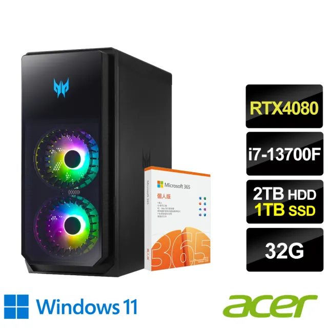 【Acer 宏碁】微軟M365組★i7 RTX4080電競電腦(PO5-650/i7-13700F/32G/2T HDD+1TB SSD/RTX4080-16G/W11)