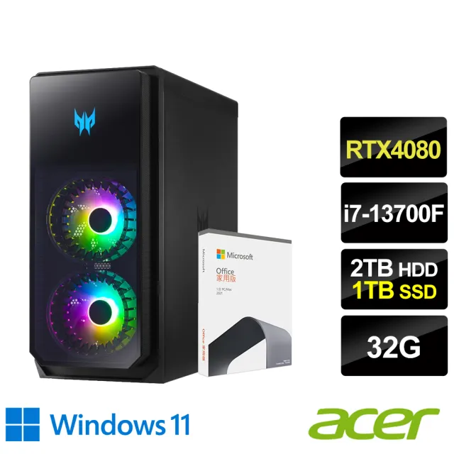 【Acer 宏碁】Office2021組★i7 RTX4080電競電腦(PO5-650/i7-13700F/32G/2T HDD+1TB SSD/RTX4080-16G/W11)