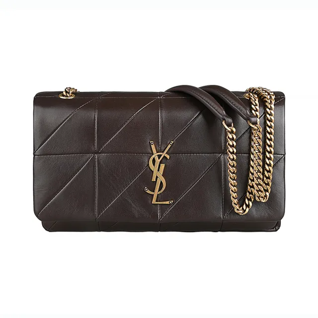 【YSL】YSL SAINT LAURENT JAMIE立體金屬字母 LOGO 絎縫設計小羊皮扣式金鏈帶側背/斜背包(中型/深棕)