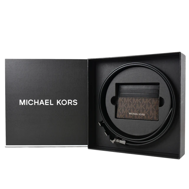 Michael Kors 男款 鐵灰MK緹花LOGO防刮雙面用皮帶/名片夾禮盒-咖啡色/黑