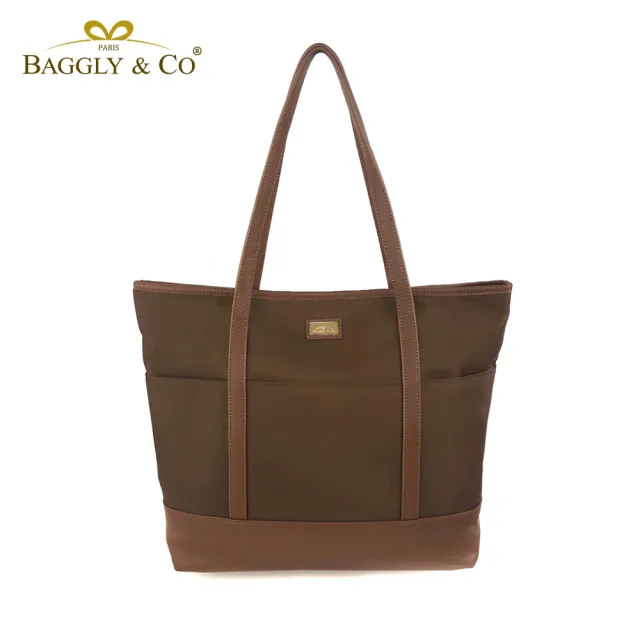 【BAGGLY&CO】雙11 經典百搭真皮尼龍輕量防盜托特包(真皮包包 兩色)