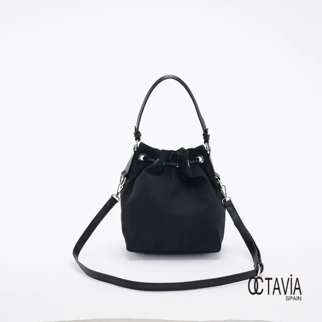 【OCTAVIA 8】雙11 OCTAVIA 8 真皮 -  大人空氣感 尼龍束口肩斜二用水桶包 -舒壓黑