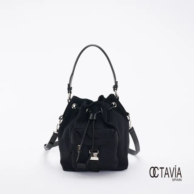 【OCTAVIA 8】雙11 OCTAVIA 8 真皮 -  大人空氣感 尼龍束口肩斜二用水桶包 -舒壓黑