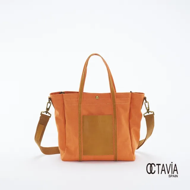 【OCTAVIA 8】雙11 OCTAVIA 8 - 小哆啦 牛皮口袋 厚磅基本款手提肩背帆布包 - 拉拉陽桔