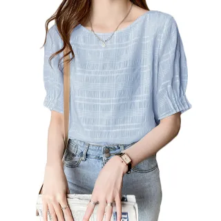 【Alishia】時尚休閒格紋公主袖圓領上衣 M-2XL(白色 / 粉色 / 藍色)