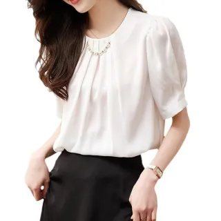 【Alishia】韓版百褶珍珠鏈條泡泡袖雪紡上衣 M-2XL(白色 / 粉色 / 杏色)