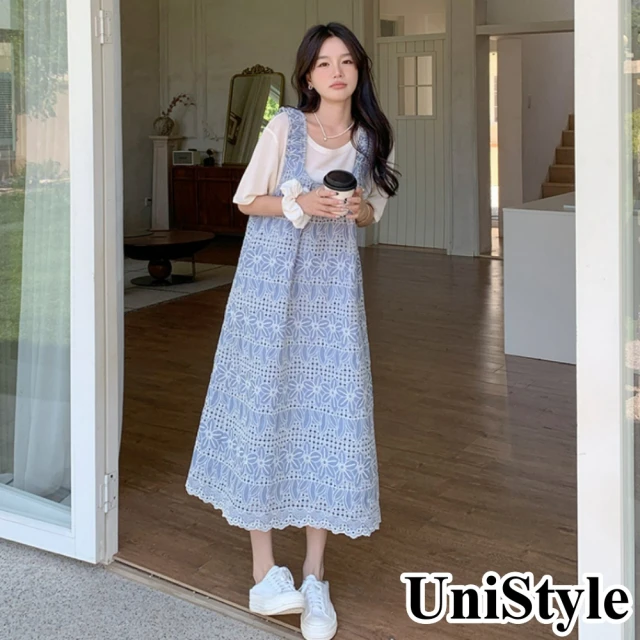 UniStyle 碎花短袖洋裝 韓系V領拼接壓褶連身裙 女 