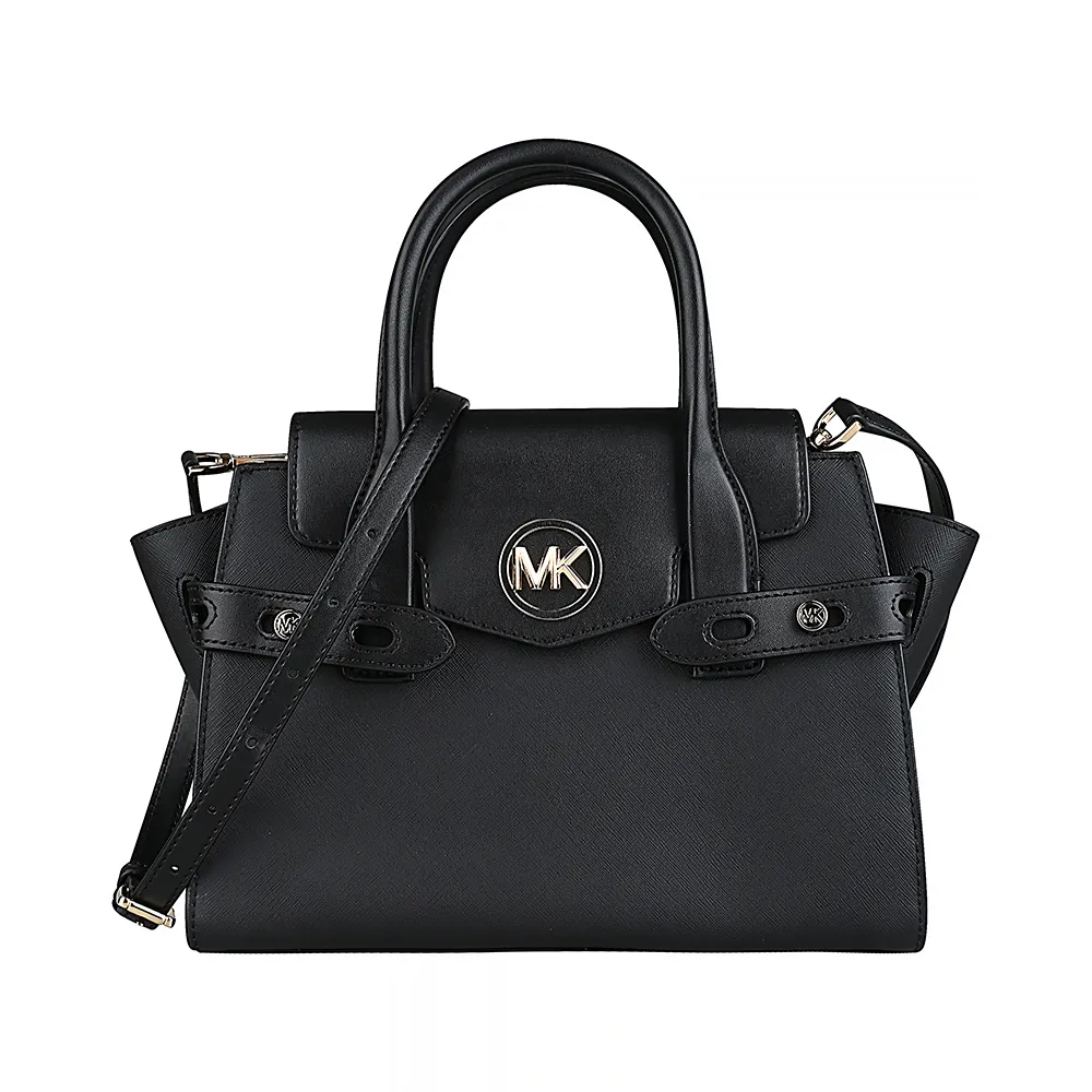 【Michael Kors】MK MICHAEL KORS CARMEN 縮寫LOGO十字防刮牛皮搭牛皮釦式手提斜背包(中/黑)