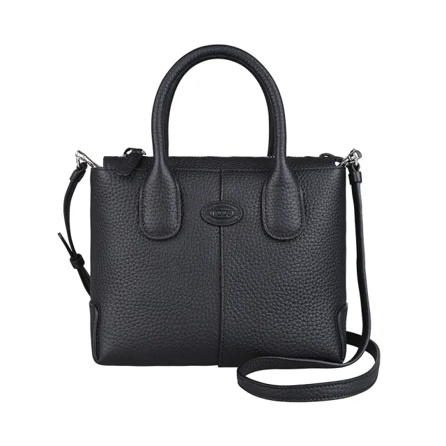 【TOD’S】TOD’S Di Bag壓印飾牌LOGO顆粒設計小牛皮拉鍊手提斜背托特包(迷你/黑)