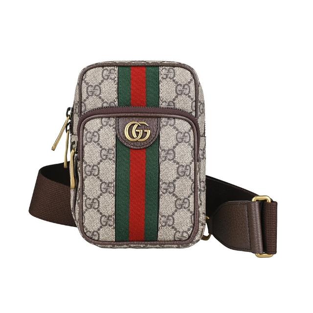 【GUCCI 古馳】GUCCI Ophidia復古金屬雙GLOGO印花設計PVC拼接牛皮拉鍊胸掛包(迷你/米x摩卡棕)