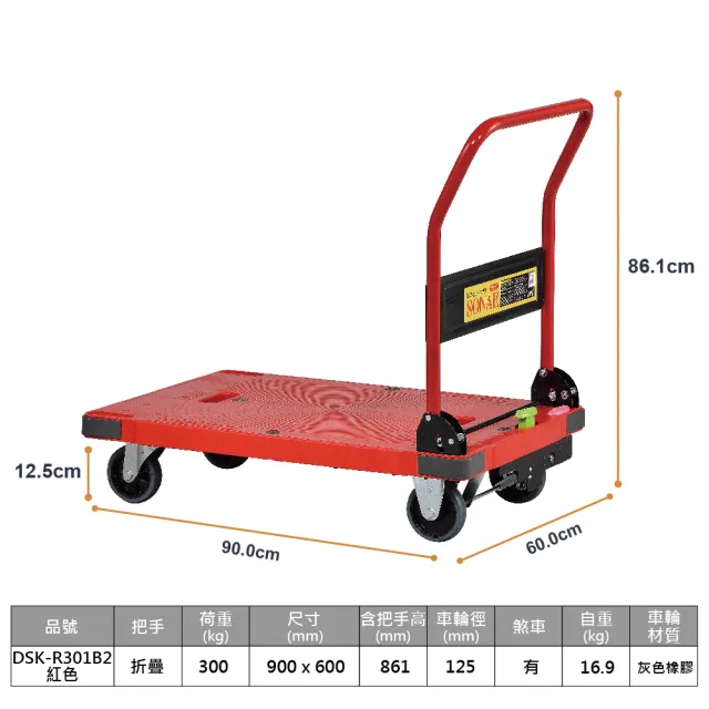 【NANSIN 南星】樹脂手推車DSK-R301B2/紅色(推車/折疊推車/摺疊手推車/折疊手推車/摺疊推車/輕便推車)