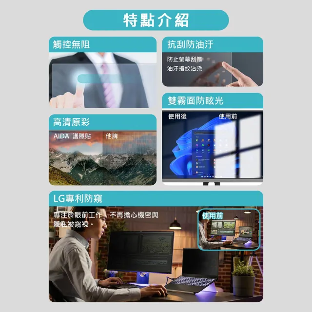 【AIDA】霧面清透防窺片-23.8吋 16:9 桌上型螢幕專用(台灣品牌｜可抗藍光｜防眩光)
