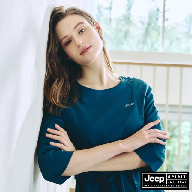 【JEEP】女裝 質感抽繩短袖洋裝(湖水綠)