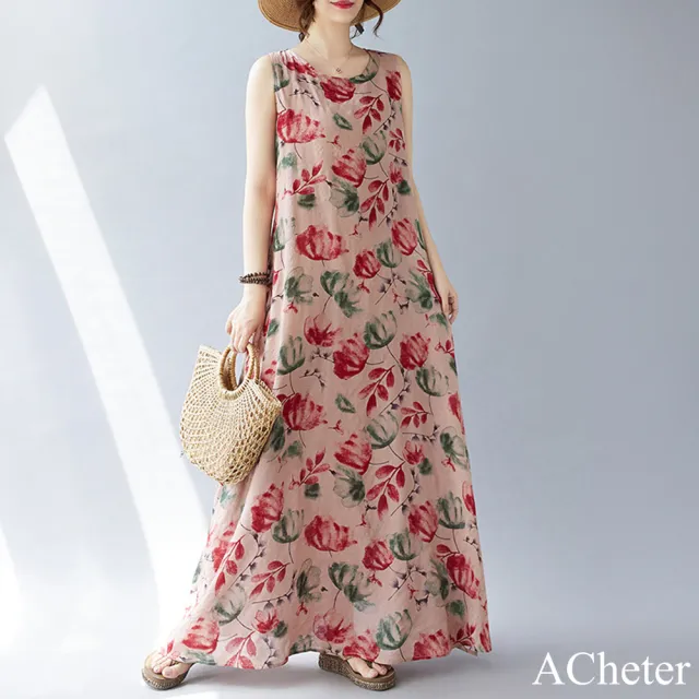 【ACheter】波西米亞南洋印花加大優雅圓領背心長版洋裝#122669(花紋)