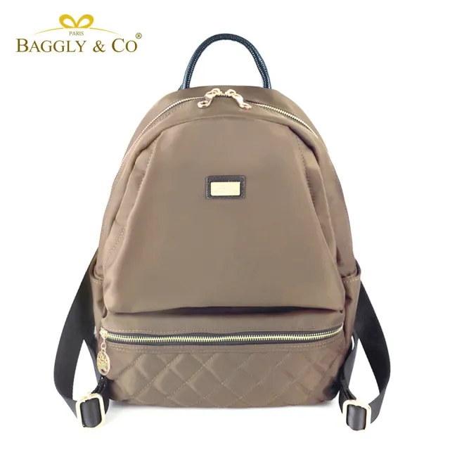 【BAGGLY&CO】雙11 多隔層菱格紋真皮尼龍防盜後背包(真皮包包 黑色/卡其色)